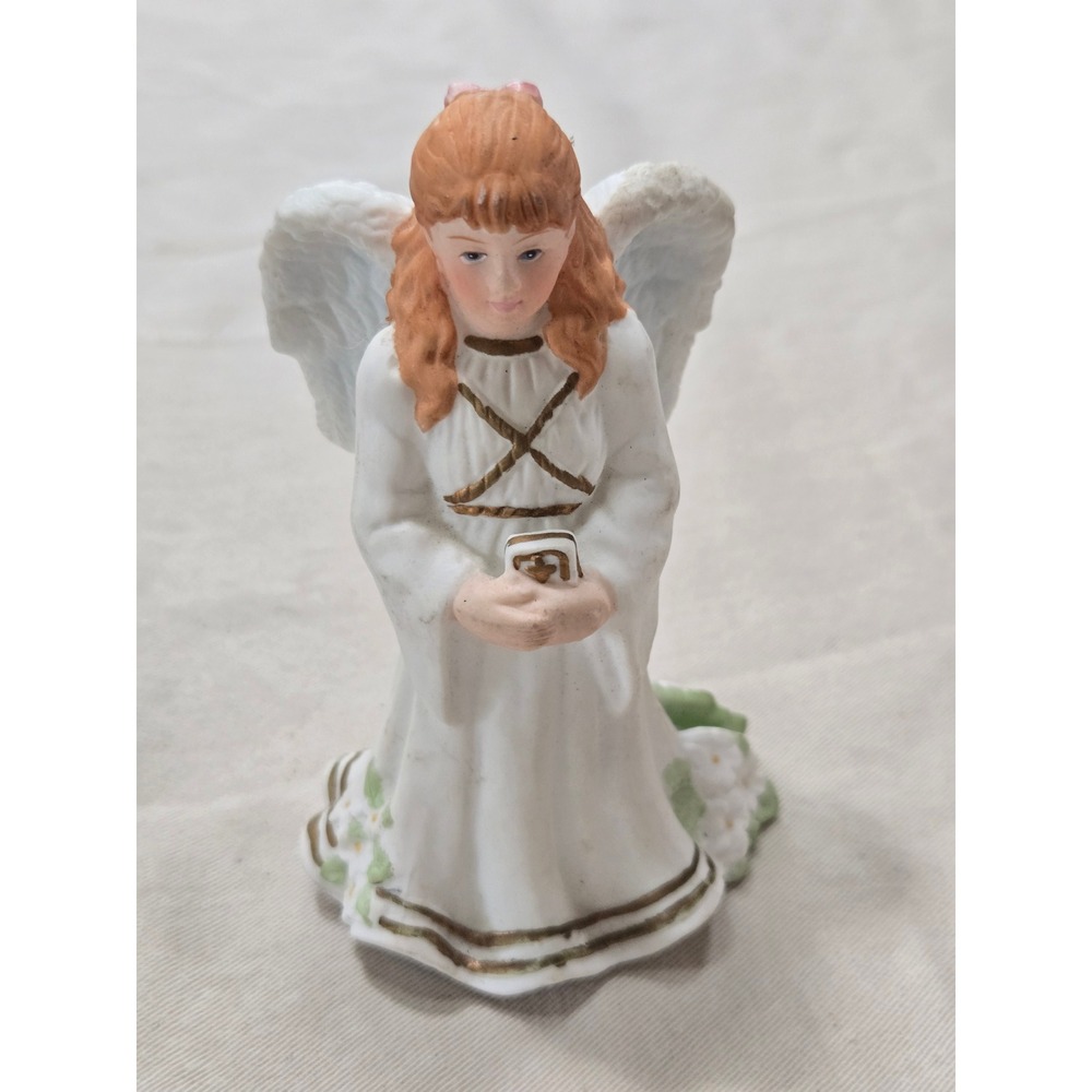 Vintage 1998 Roman Inc Porcelain Kneeling Angel Figurine Red Hair White Gold